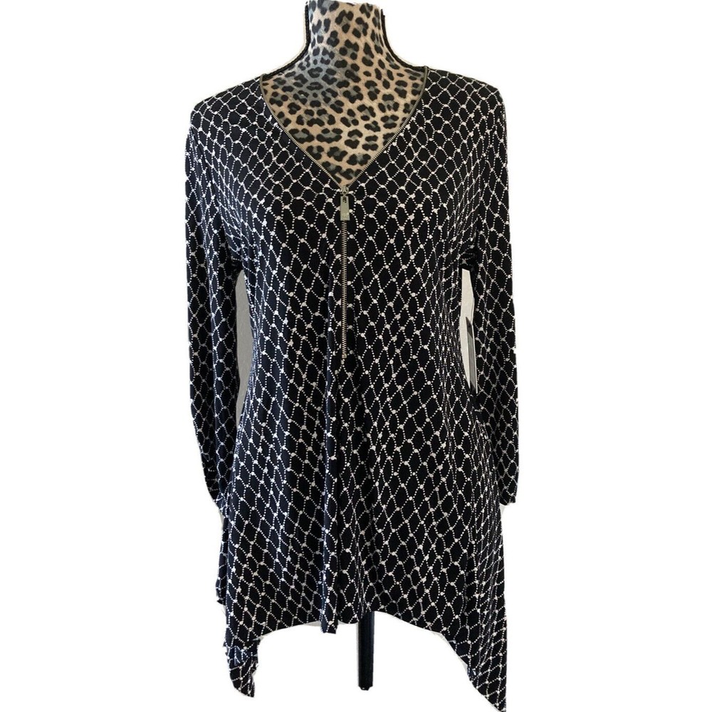 Chaus top blouse L zip front sharkbite black Tunic long Strap sleeve NEW